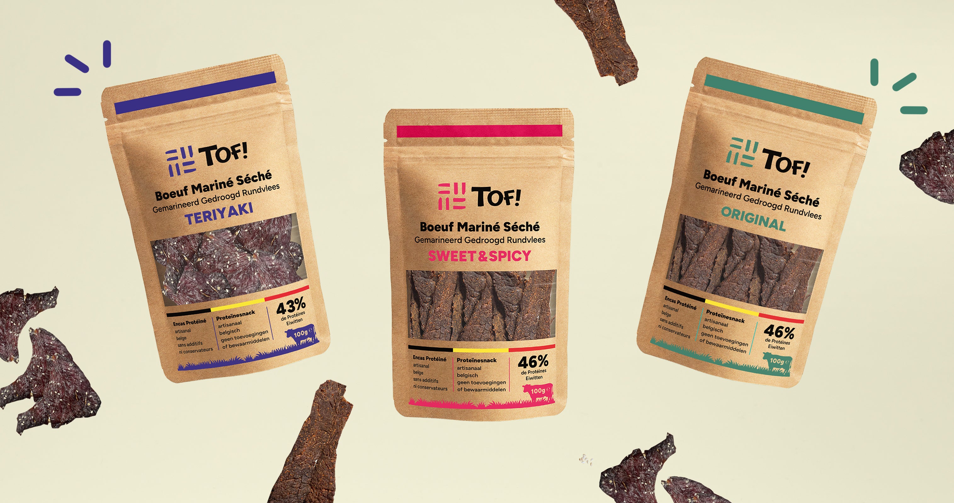 Packshot des trois saveurs uniques de beef jerky belge Tof: original, teriyaki et sweet & spicy