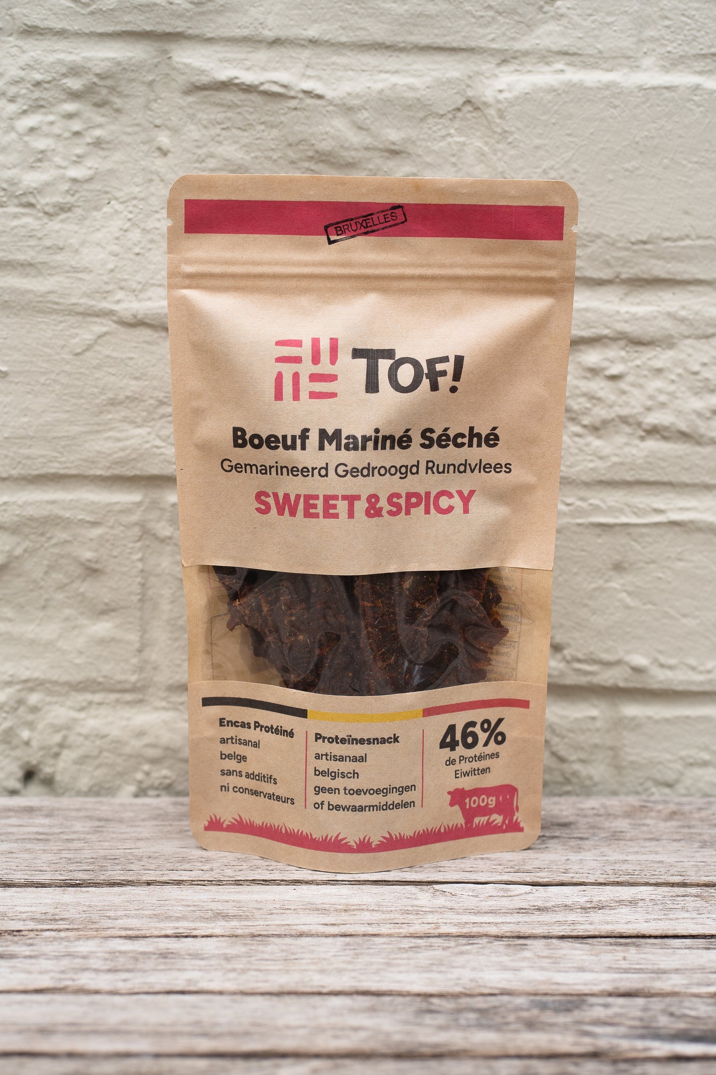 Emballage tof beef jerky belge boeuf séché mariné saveur sweet & spicy