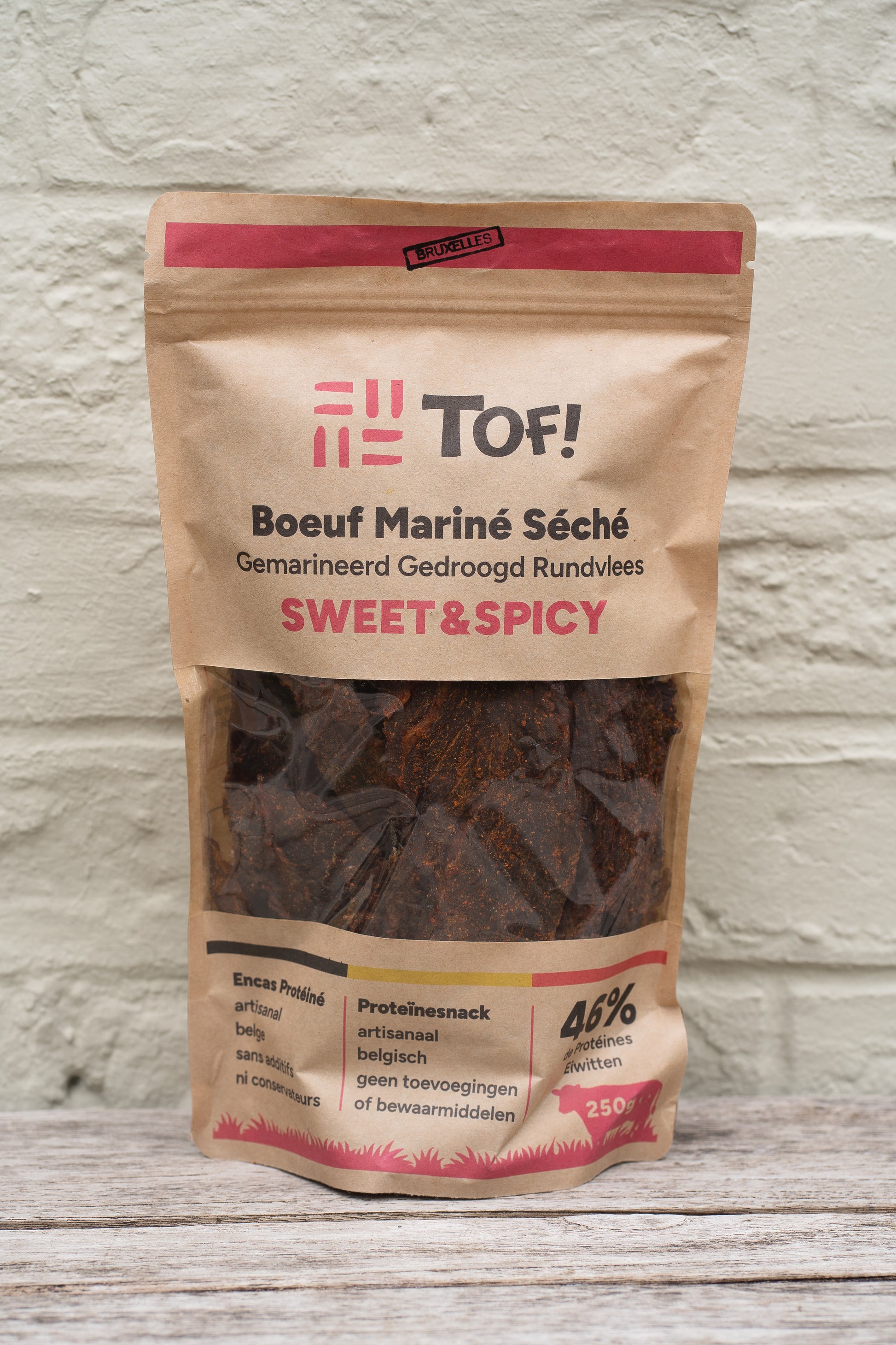 Emballage tof beef jerky belge boeuf séché mariné saveur sweet & spicy